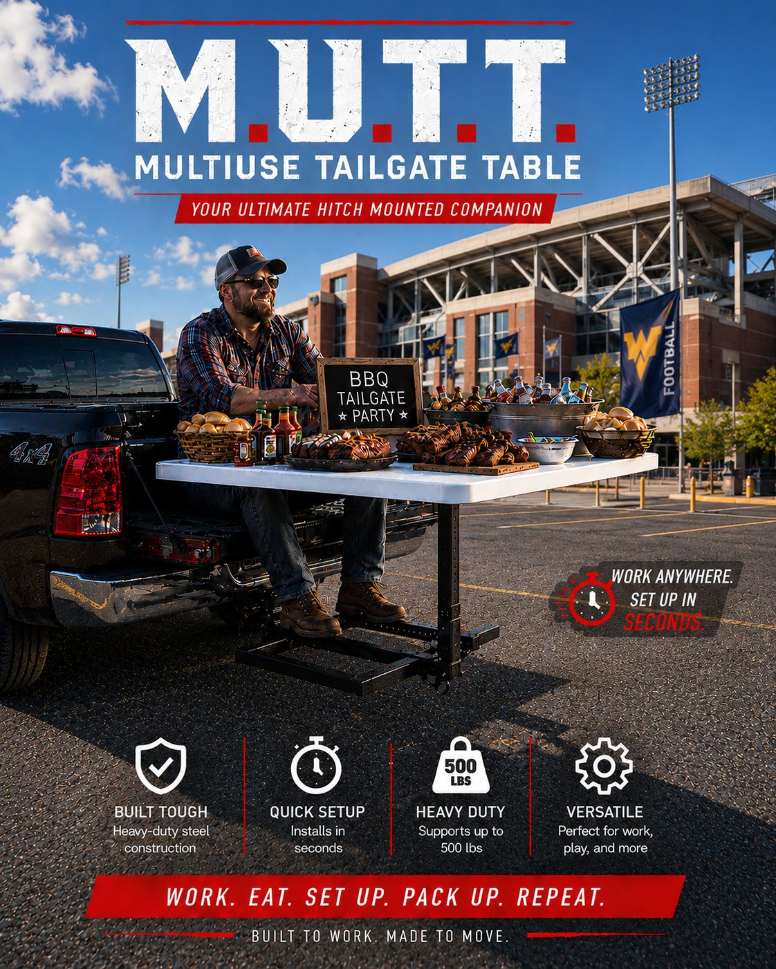 M.U.T.T. â€” Multi-Use Tailgate Table mounted to a pickup with galvanized iron construction, supporting 500 lbs